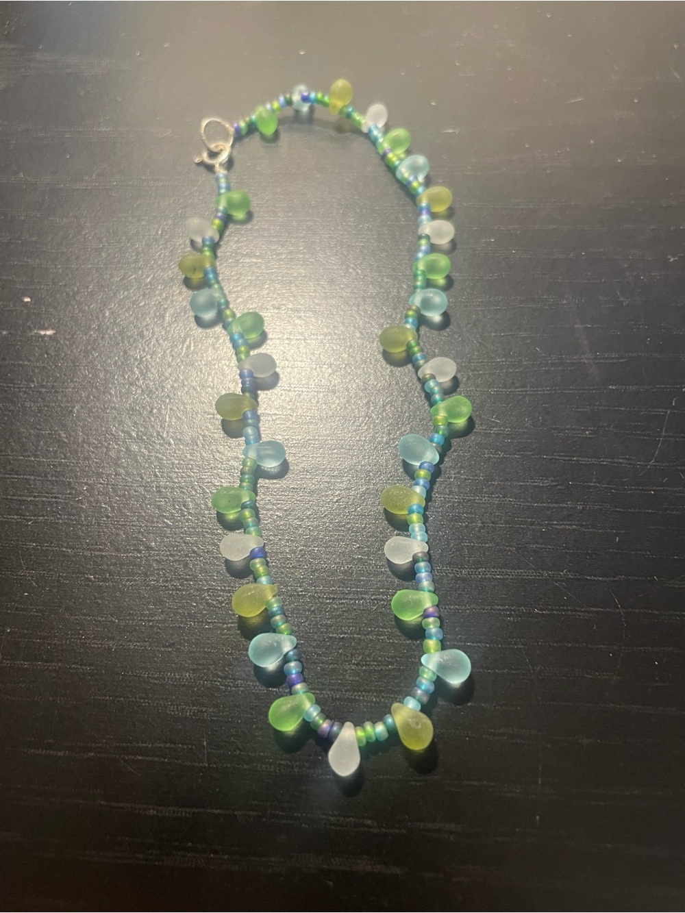 Sea Glass Teardrop Beaded Anklet- Green & Blue